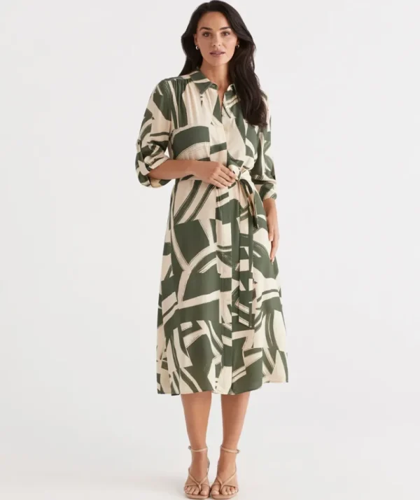 Sussan Abstract Print Midi Shirt Dress-Women Dresses