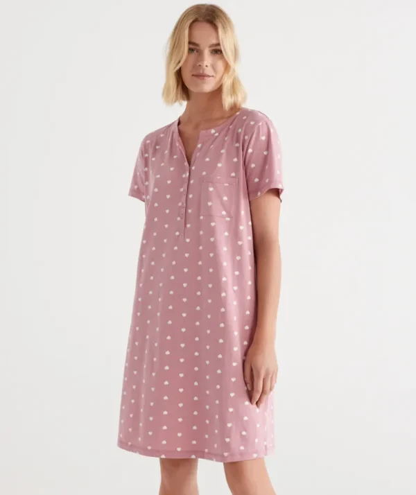 Sussan Australian Cotton Heart Print Henley Nightie-Women Nighties