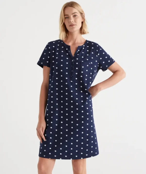 Sussan Australian Cotton Heart Print Henley Nightie-Women Nighties