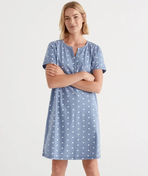 Sussan Australian Cotton Heart Print Henley Nightie-Women Nighties