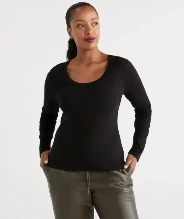 Sussan Australian Cotton Long Sleeve Rib Scoop Top-Women T-Shirts & Tanks