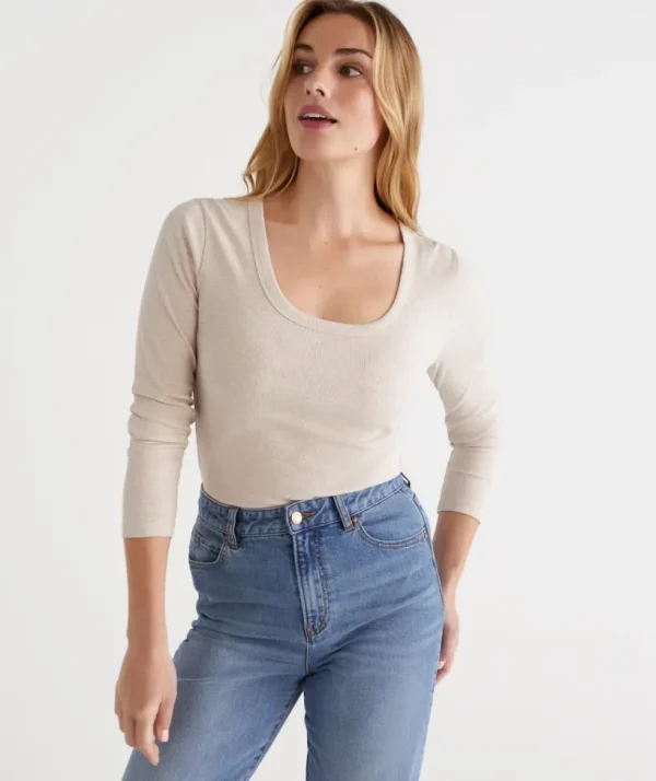 Sussan Australian Cotton Long Sleeve Rib Scoop Top-Women Tops