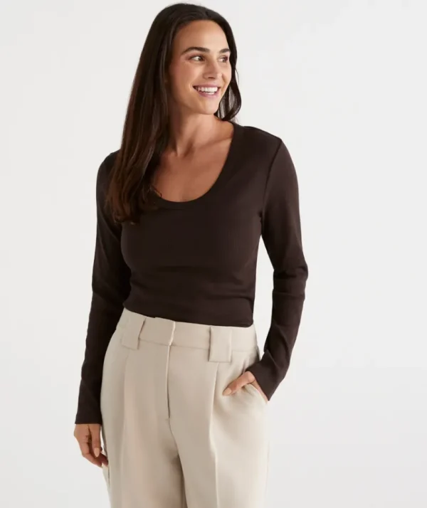 Sussan Australian Cotton Long Sleeve Rib Scoop Top-Women Tops