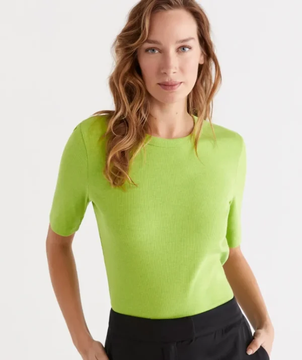 Sussan Australian Cotton Rib Elbow Sleeve Top-Women Tops