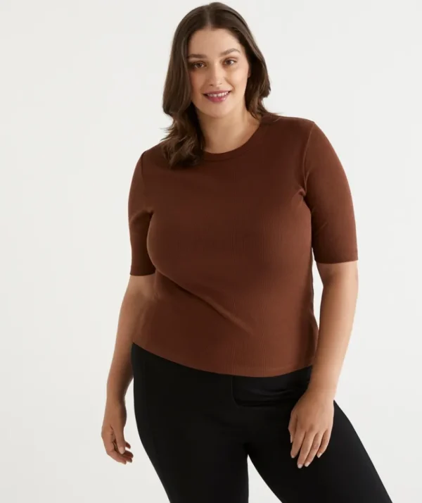 Sussan Australian Cotton Rib Elbow Sleeve Top-Women Tops