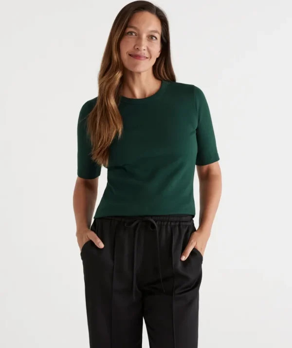 Sussan Australian Cotton Rib Elbow Sleeve Top-Women T-Shirts & Tanks