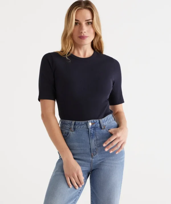 Sussan Australian Cotton Rib Elbow Sleeve Top-Women Tops