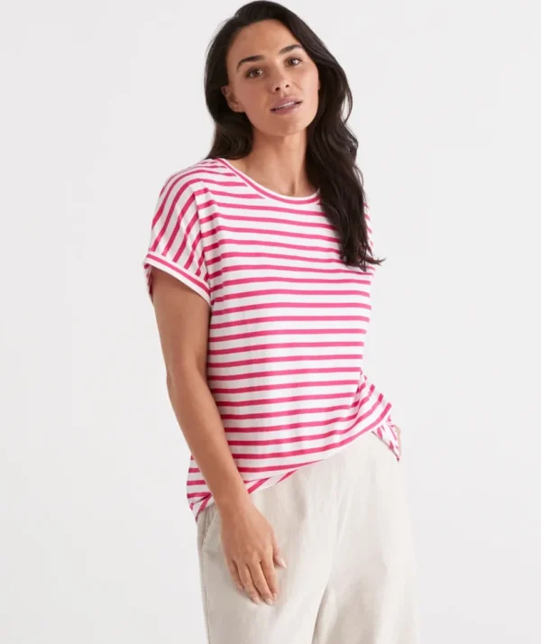 Sussan Australian Cotton Stripe Extended Roll Cuff Tee-Women T-Shirts & Tanks