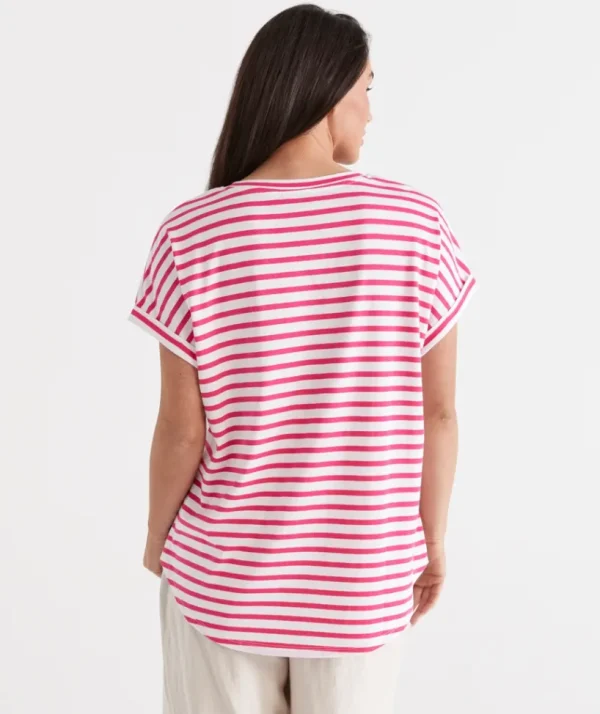 Sussan Australian Cotton Stripe Extended Roll Cuff Tee-Women T-Shirts & Tanks