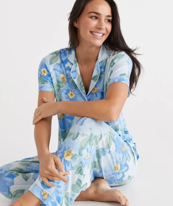 Sussan Blue Dahlia Knit Button Through Pyjama Set-Women Pyjama Sets