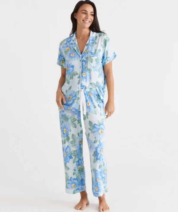 Sussan Blue Dahlia Knit Button Through Pyjama Set-Women Pyjama Sets