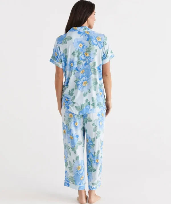 Sussan Blue Dahlia Knit Button Through Pyjama Set-Women Pyjama Sets