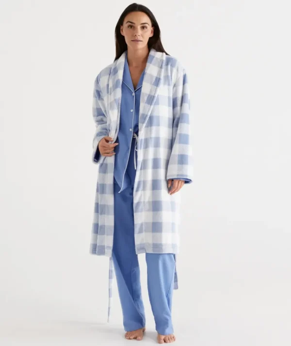 Sussan Check Print Soft Fleece Gown-Women Dressing Gowns