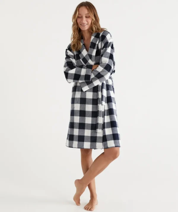 Sussan Check Print Soft Fleece Gown-Women Dressing Gowns