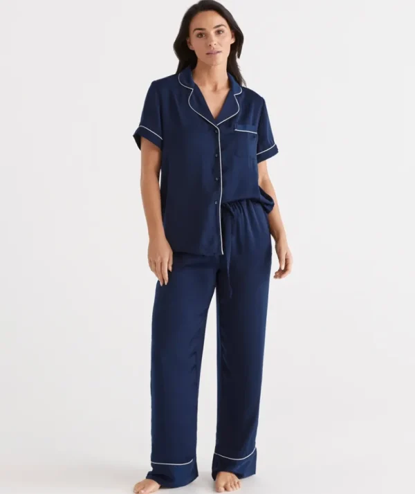 Sussan Contrast Longline Satin Pyjama Set-Women Pyjama Sets