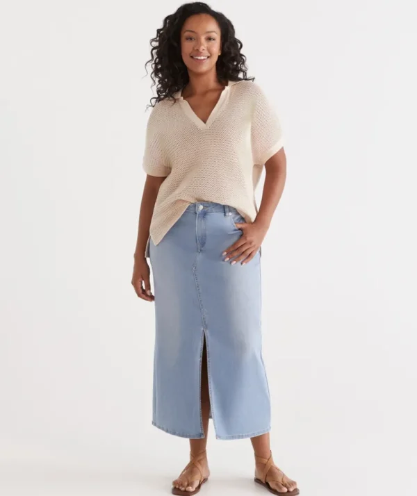 Sussan Denim Split Front Skirt-Women Skirts