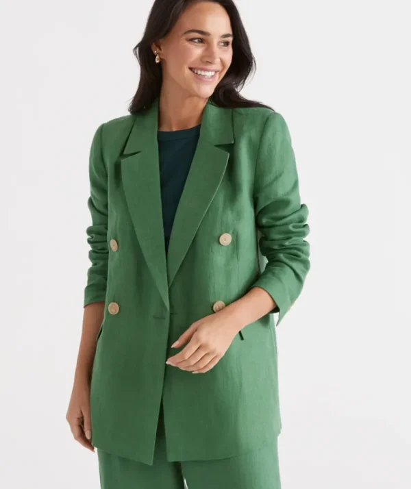 Sussan Double Breasted Linen Blazer-Women Jackets & Coats