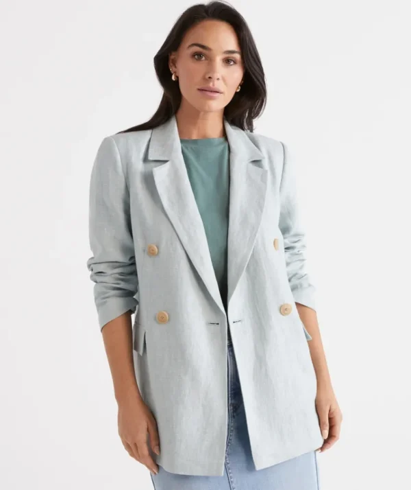 Sussan Double Breasted Linen Blazer-Women Jackets & Coats