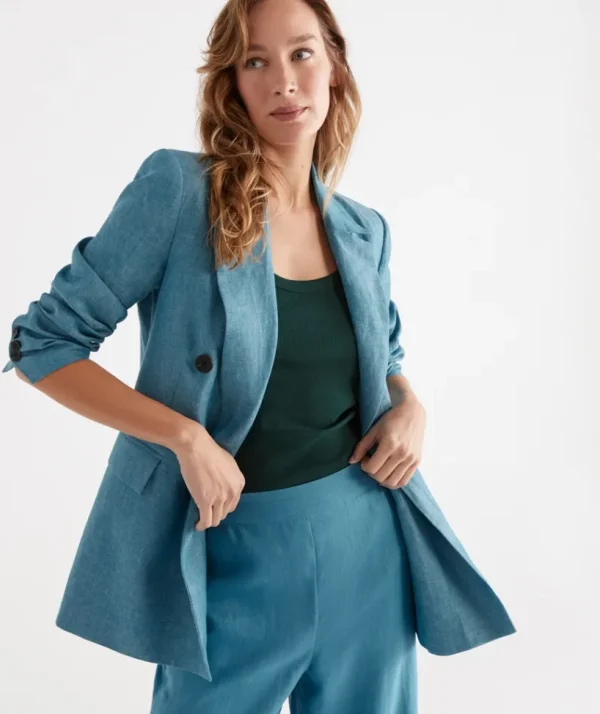 Sussan Double Breasted Linen Blazer-Women Jackets & Coats