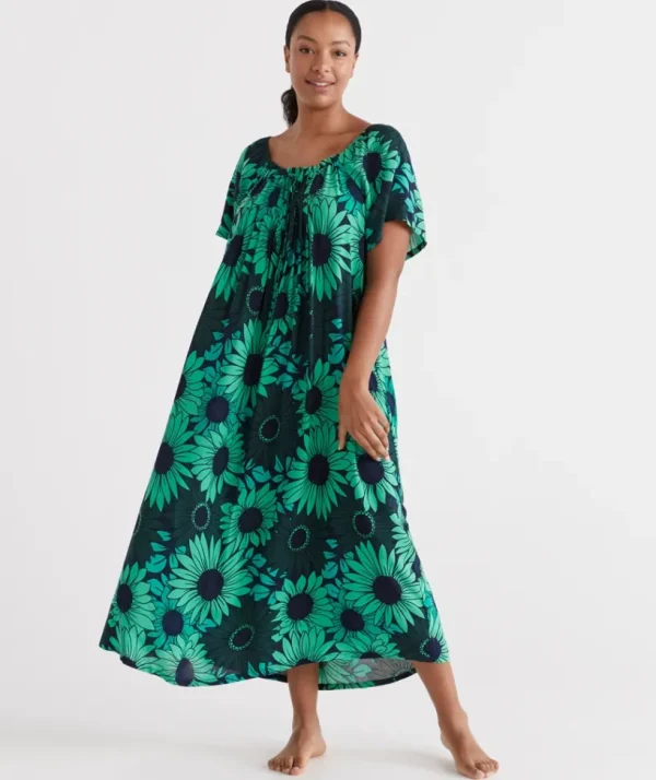 Sussan Gathered Longline Green Floral Nightie-Women Nighties