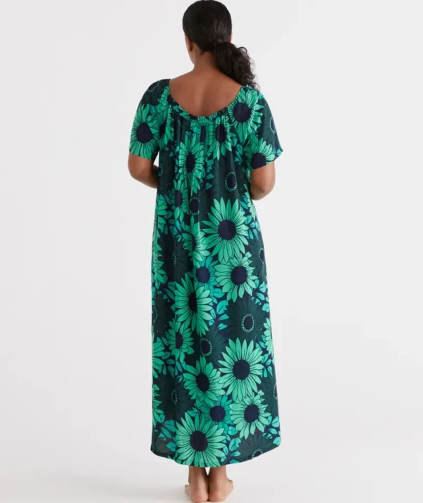 Sussan Gathered Longline Green Floral Nightie-Women Nighties