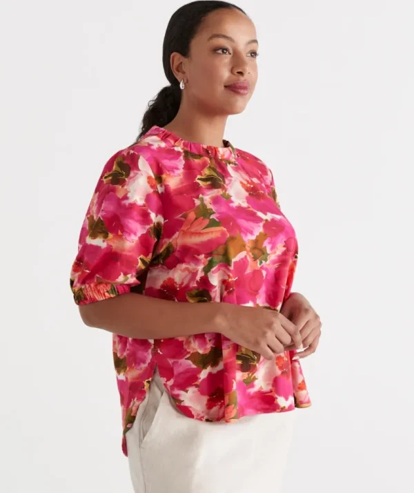 Sussan Gathered Neck Layered Floral Top-Women Tops