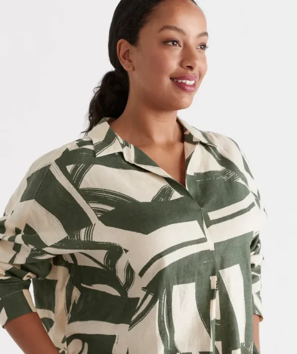 Sussan Linen Abstract Print Popover Shirt-Women Shirts