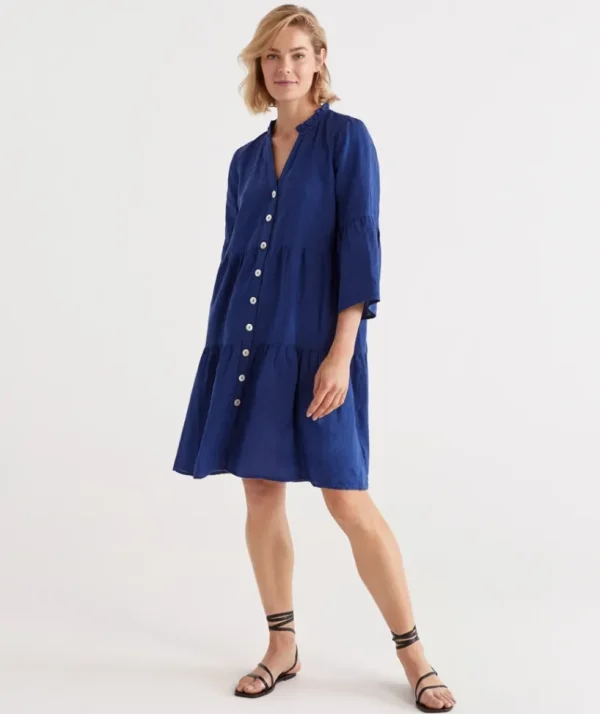 Sussan Linen Fluted Sleeve Dress-Women Dresses