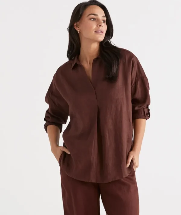 Sussan Linen Tab Sleeve Popover Shirt-Women Shirts