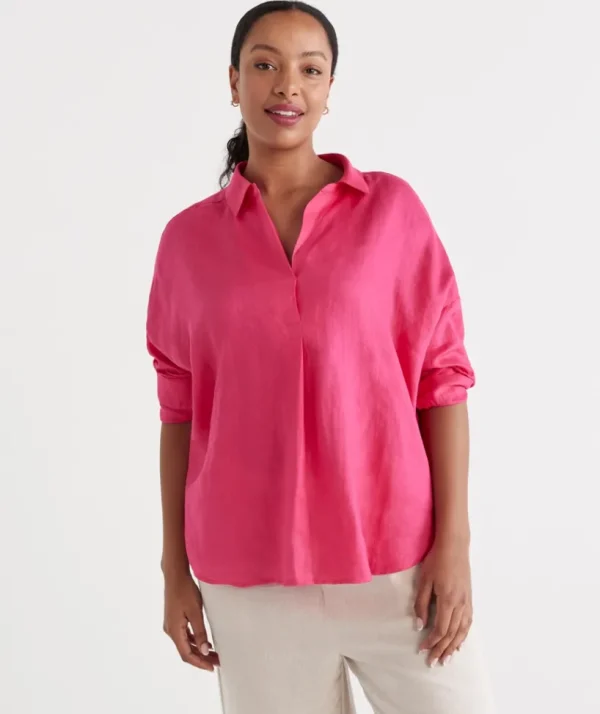 Sussan Linen Tab Sleeve Popover Shirt-Women Shirts