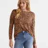 Sussan Long Sleeve Animal Pleat Back Top-Women Tops