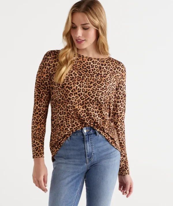 Sussan Long Sleeve Animal Pleat Back Top-Women Tops