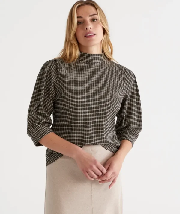 Sussan Mock Neck Check Top-Women Tops