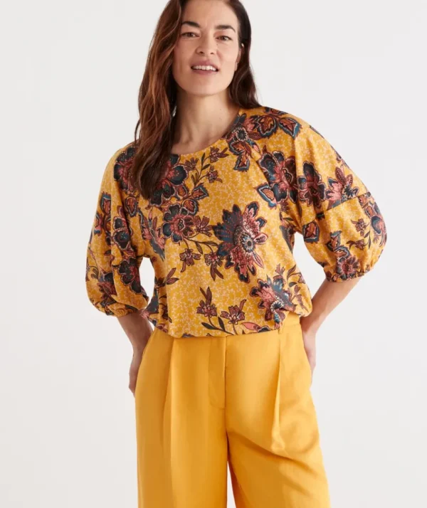 Sussan Print Raglan Puff Sleeve Top-Women Tops