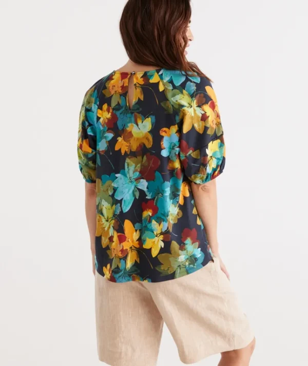 Sussan Print Raglan Puff Sleeve Top-Women Tops