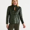 Sussan Sequin Keyhole Long Sleeve Top-Women Tops