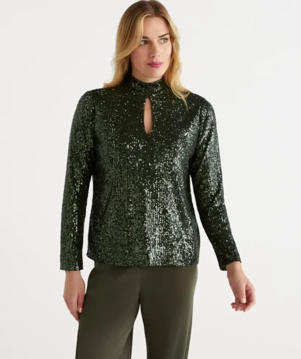 Sussan Sequin Keyhole Long Sleeve Top-Women Tops