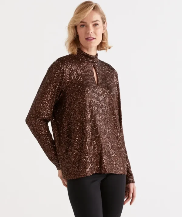 Sussan Sequin Keyhole Long Sleeve Top-Women Tops