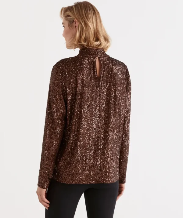 Sussan Sequin Keyhole Long Sleeve Top-Women Tops