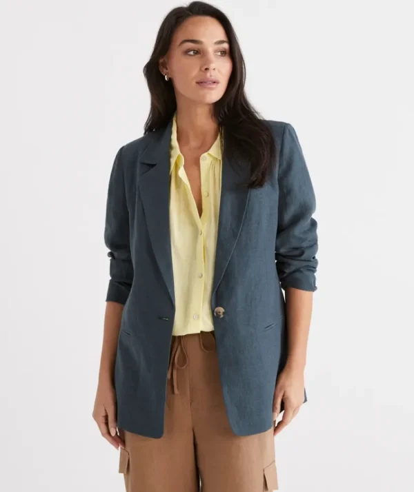 Sussan Single Breasted Linen Blazer-Women Jackets & Coats