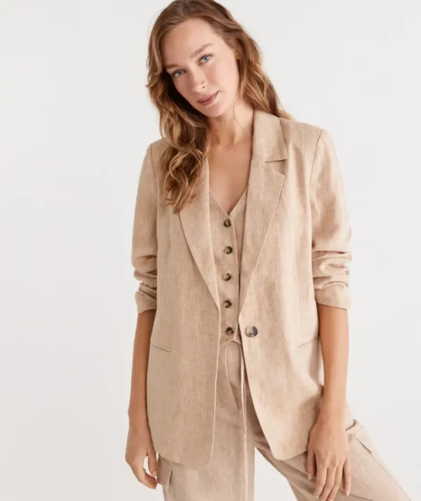 Sussan Single Breasted Linen Blazer-Women Jackets & Coats