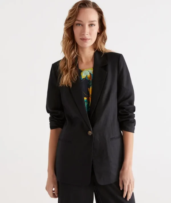 Sussan Single Breasted Linen Blazer-Women Jackets & Coats