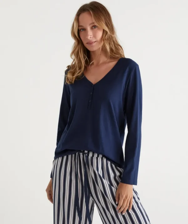 Sussan Soft V Neck Henley Pyjama Top-Women Pyjama Tops