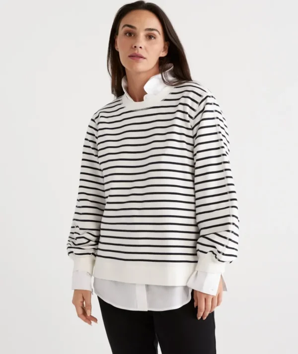 Sussan Stripe Blouson Sleeve Sweat-Women Tops