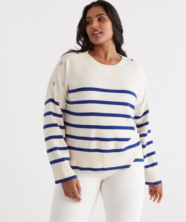 Sussan Stripe Button Shoulder Pullover-Women Knitwear