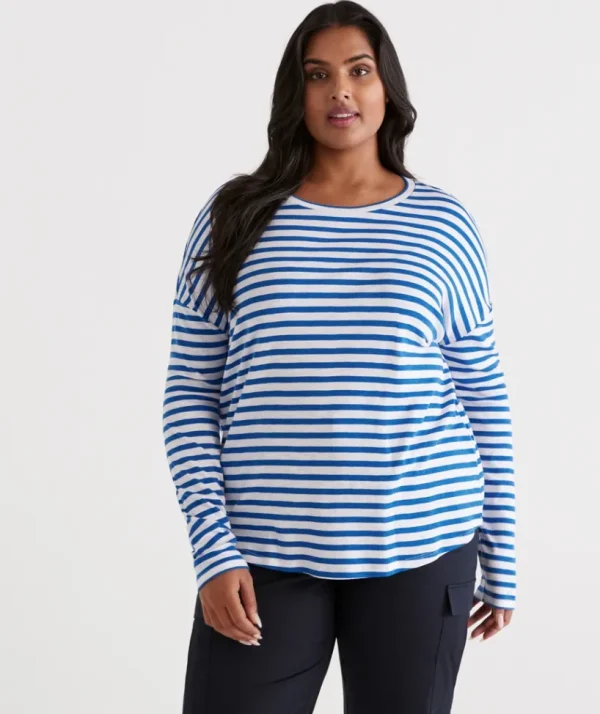 Sussan Stripe Crew Drop Shoulder Top-Women Tops