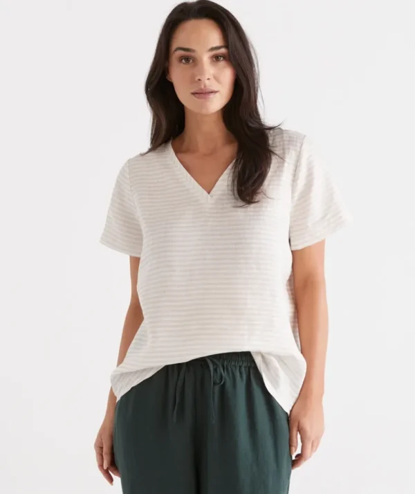 Sussan Stripe Linen V-Neck Lounge Top-Women Lounge