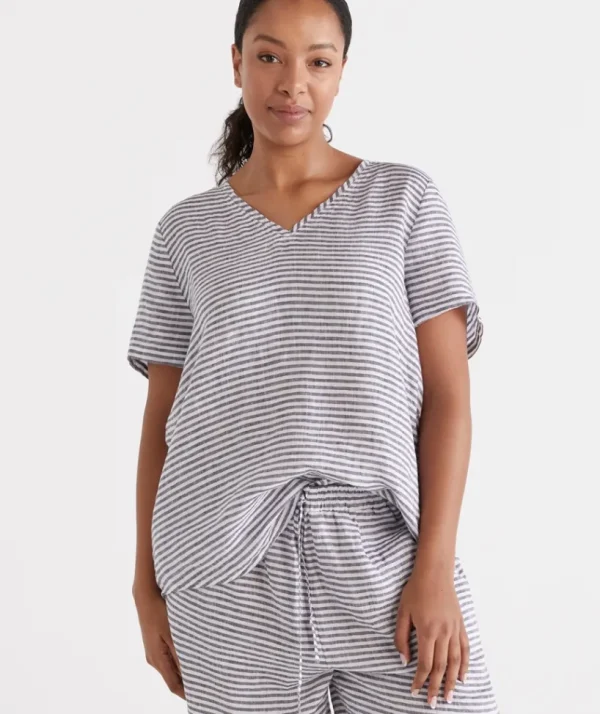 Sussan Stripe Linen V-Neck Lounge Top-Women Lounge