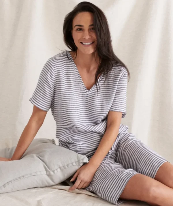 Sussan Stripe Linen V-Neck Lounge Top-Women Lounge