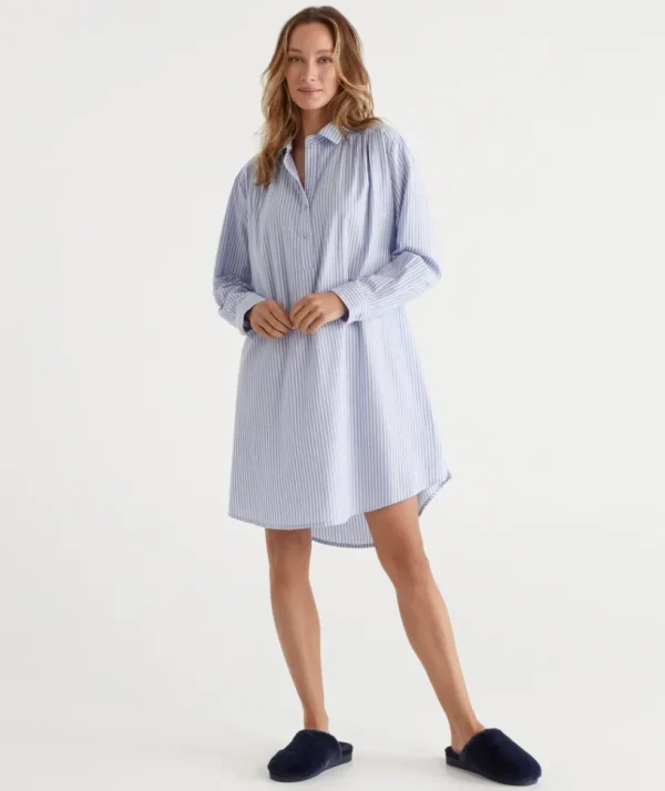 Sussan Ticking Stripe Cotton Twill Night Shirt-Women Nighties